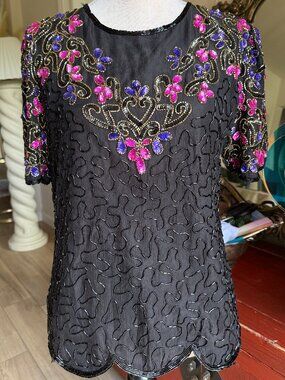 Vintage Silk Beaded Top Y2K Boho Whimsygoth Statement Blouse